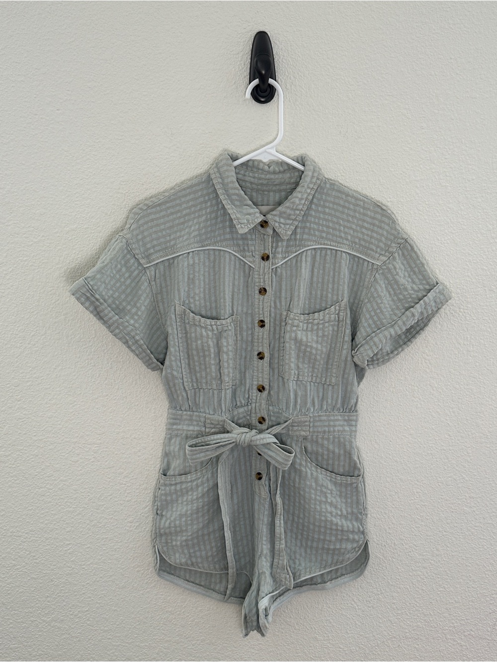 BDG Urban Outfitters Devon Striped Cotton Linen Seersucker Tie Waist Romper S